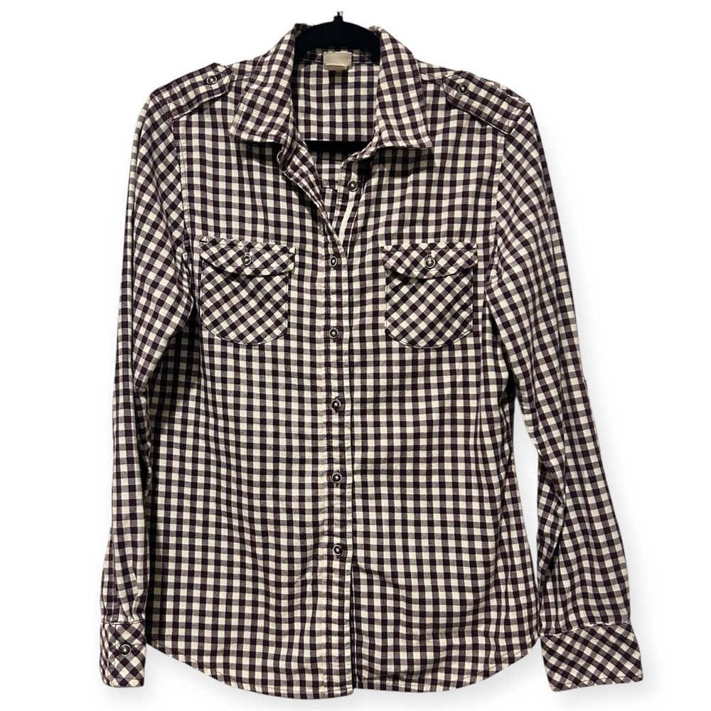 MEC Organic Cotton Gingham Check Maroon Button Down Granola Outdoor Fall Shirt